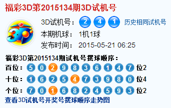 福彩3d第2015134期3d试机号号码是241