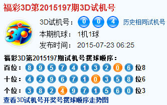 福彩3d第2015197期3d试机号号码是004