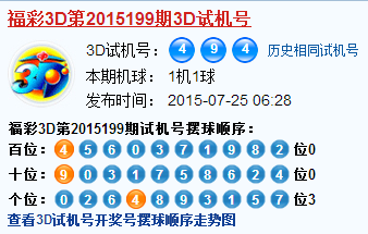 福彩3d第2015199期3d试机号号码是494