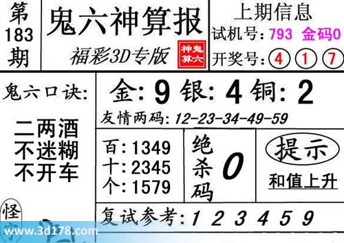 3d专版第2015183期鬼六神算报推荐金胆9银胆4