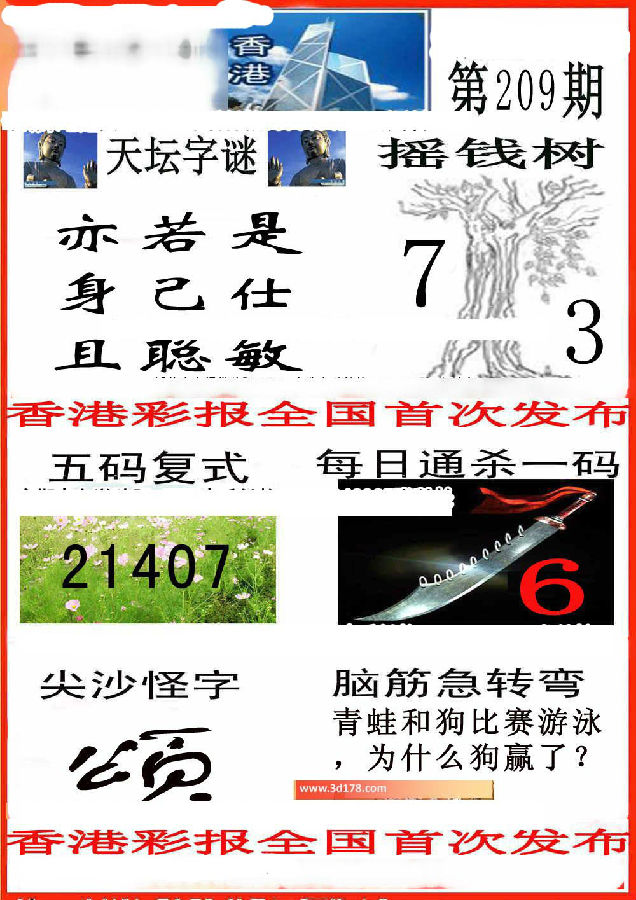 香港彩报第2015209期3d每日通杀一码：6