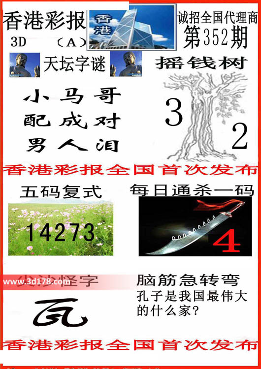 3d香港彩报第15352期推荐五码复式：14273