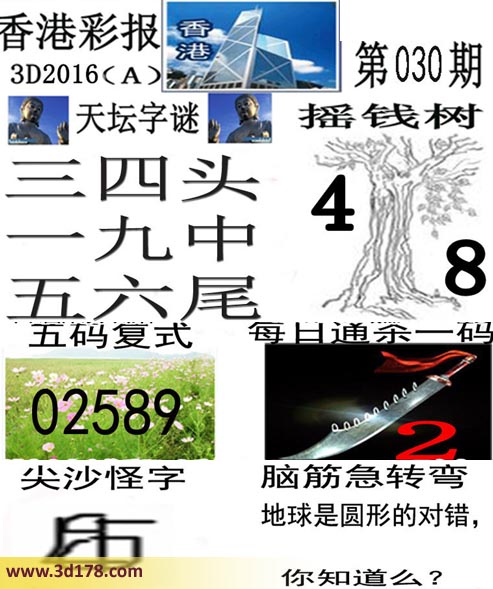 3d香港彩报第16030期天坛字谜：三四头，一九中