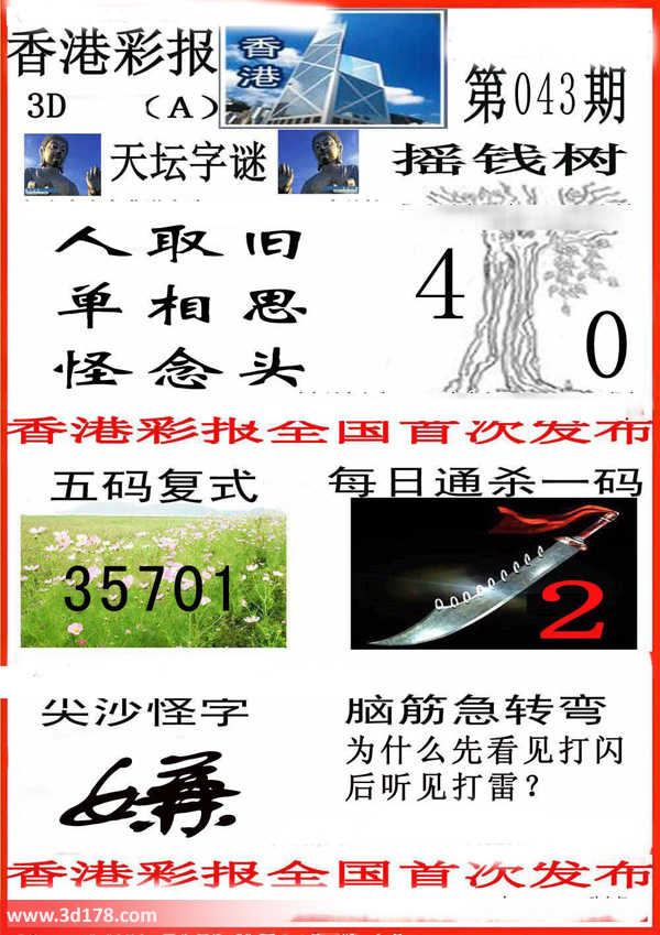 3d香港彩报第16043期每日通杀一码：2