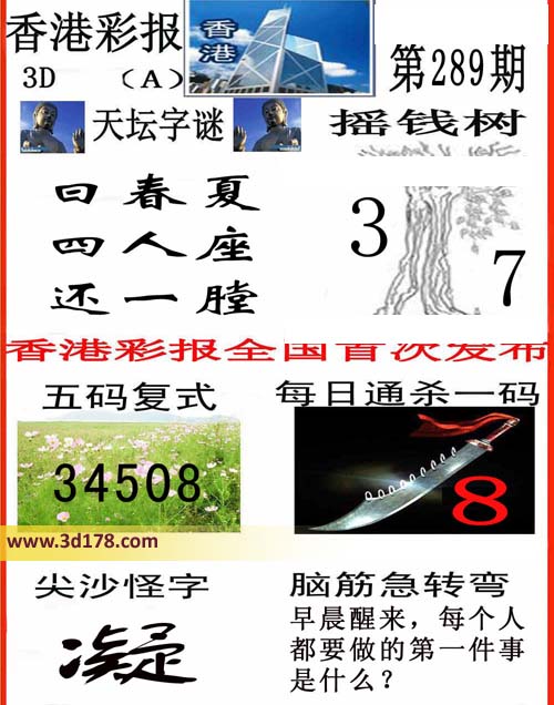 香港彩报3d第2016289期每日通杀一码：8