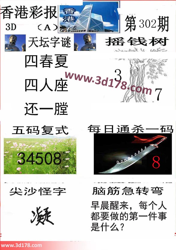 香港彩报3d第201616302期每日通杀一码：8