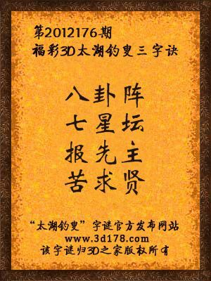 福彩3D第12176期太湖字谜：八卦阵，七星坛，报先主，苦求贤