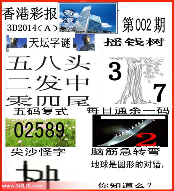 福彩3d第2014002期香港彩报图：杀一码2