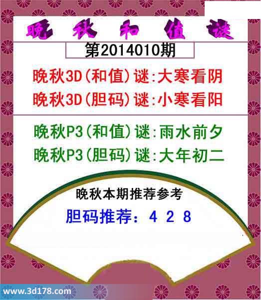 福彩3d第2014010期红五晚秋图：胆码428