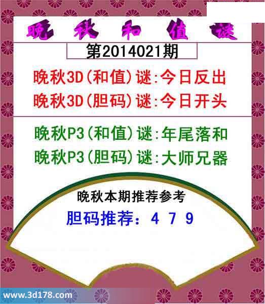 福彩3d第2014021期红五晚秋图：胆码479