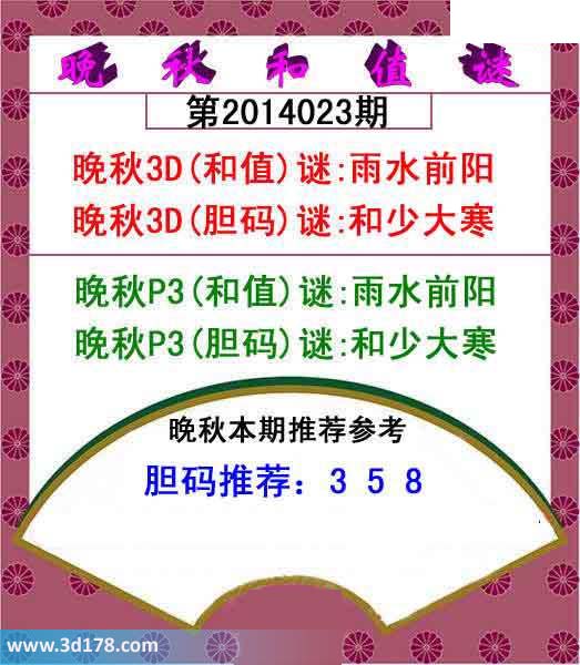 福彩3d第2014023期红五晚秋图：胆码358