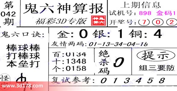 福彩3d之家第2014042期鬼六神算报：棒球棒，打棒球