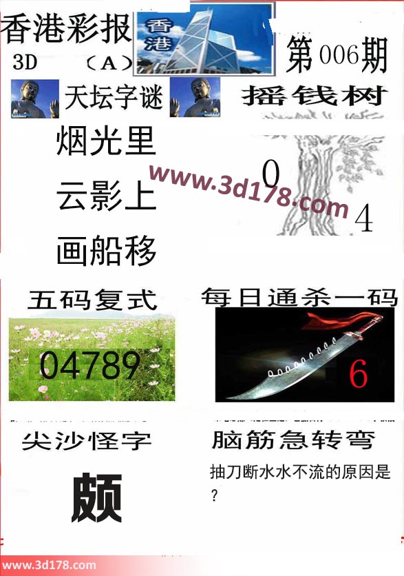 香港彩报3d第2020006期推荐五码复式：04789