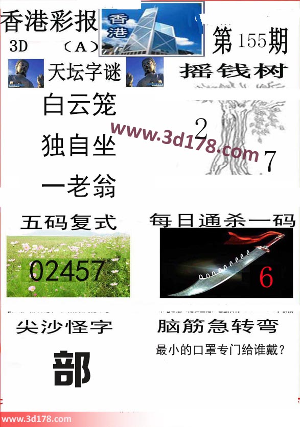 香港彩报3d第2020155期推荐摇钱树：2 7