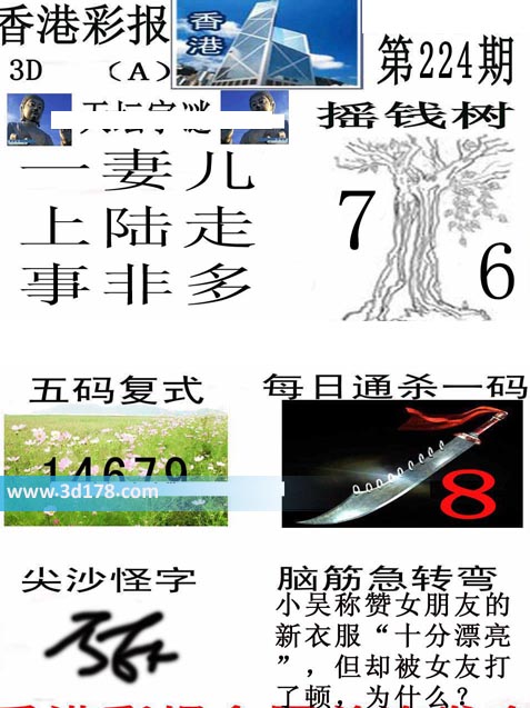 香港彩报3d第2020224期推荐每日通杀一码：8
