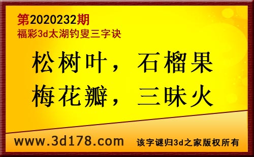 3d第2020232期太湖图库解字谜：松树叶，石榴果