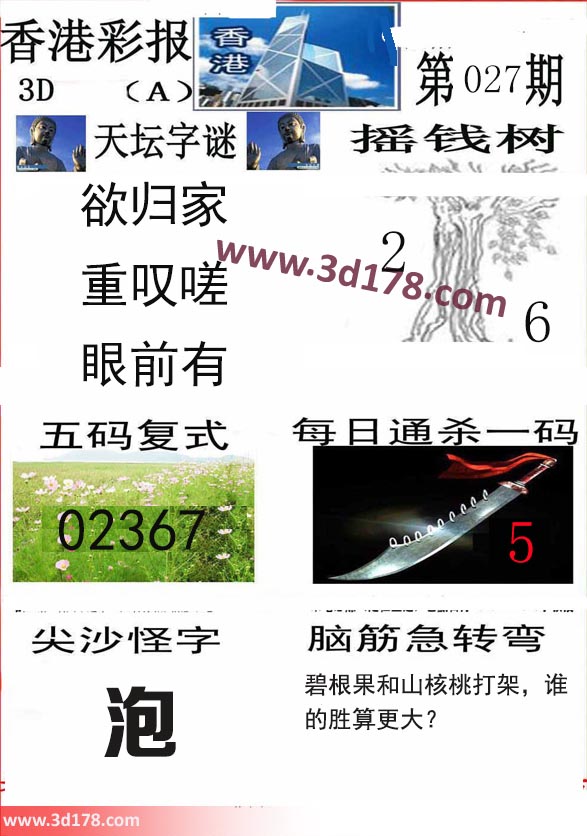 香港彩报3d第2021027期推荐五码复式：02367