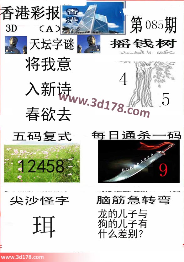 香港彩报3d第2021085期推荐每日通杀一码：9