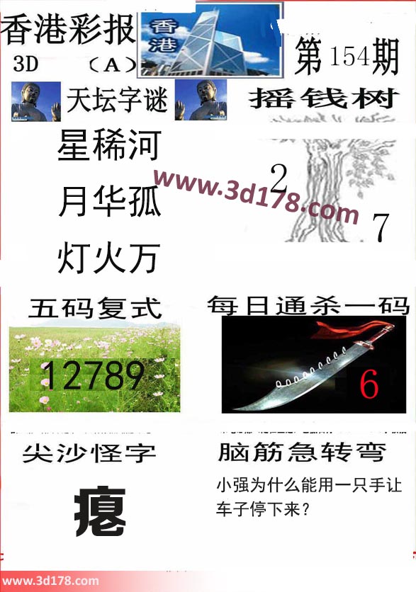 香港彩报3d第2021154期摇钱树每日通杀一码：6