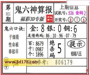 鬼六神算报3d第2022021期推荐：金胆8
