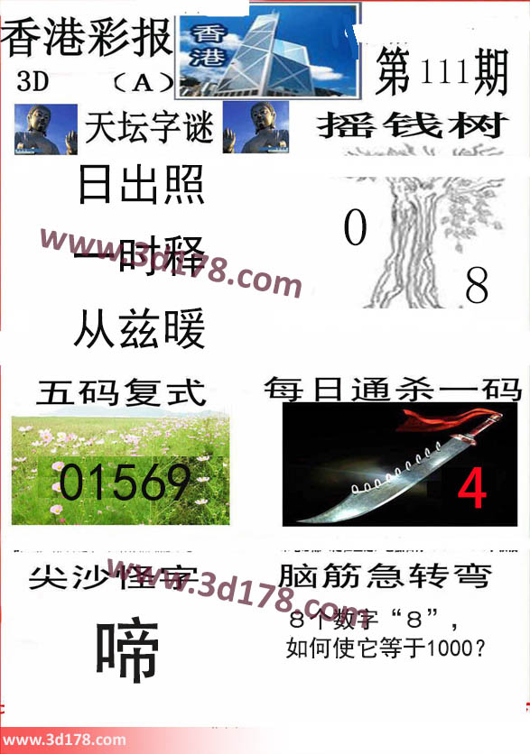 香港彩报3d第2022111期推荐每日通杀一码：4