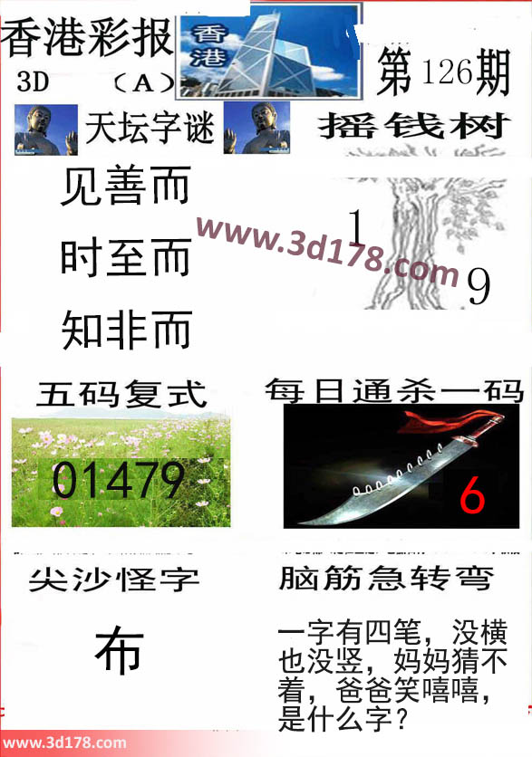香港彩报3d第2022126期推荐五码复式：01479