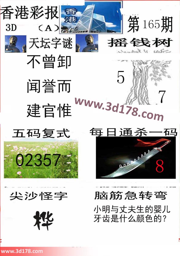香港彩报3d第2022165期每日通杀一码：8