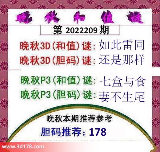 3d红五晚秋图第2022209期胆码推荐：178