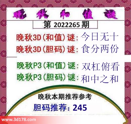 3d红五晚秋图第2022265期胆码推荐：245