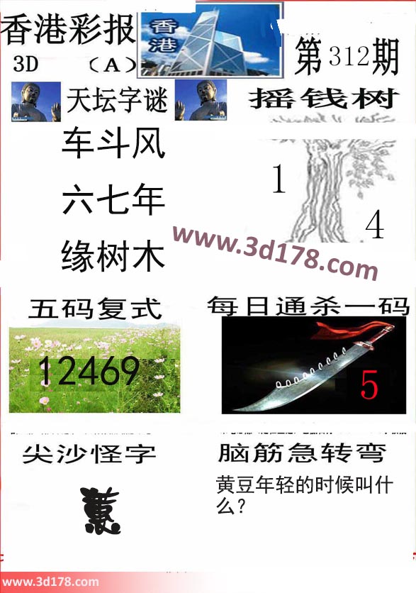 香港彩报3d第2022312期每日通杀一码：5