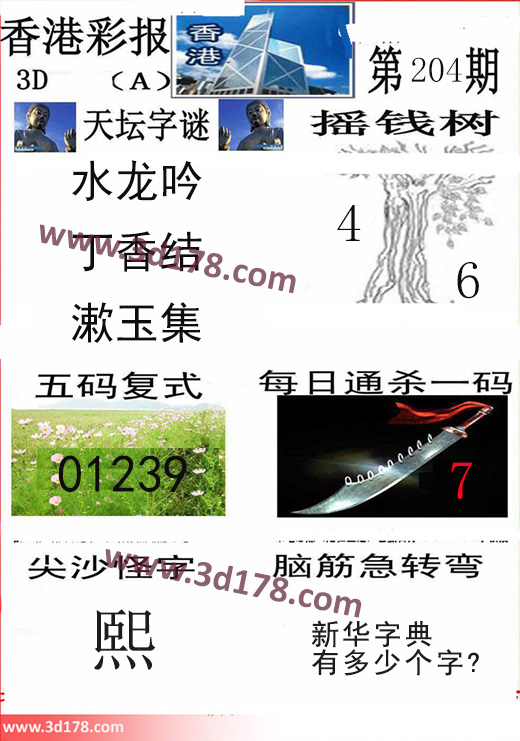 香港彩报3d第2023204期推荐五码复式：01239