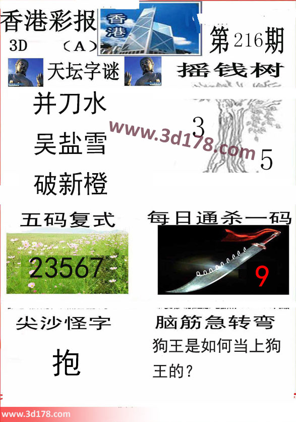 香港彩报3d第2023216期推荐摇钱树：3 5