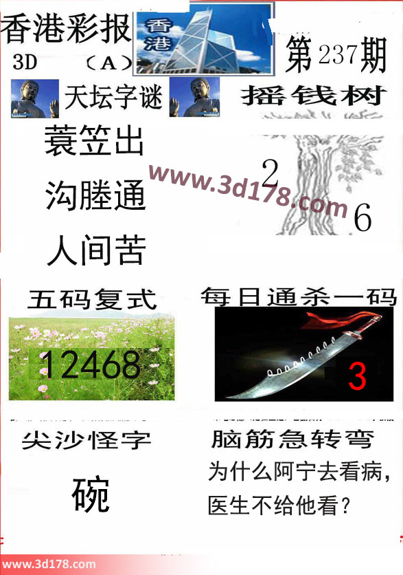 香港彩报3d第2023237期推荐摇钱树：2 6