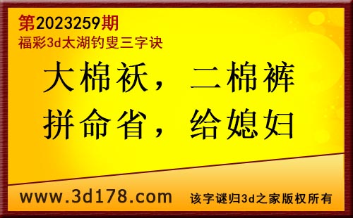 3d第2023259期太湖图库解字谜：大棉袄，二棉裤