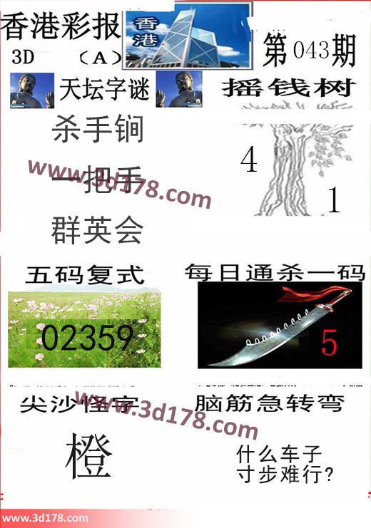 香港彩报3d第2024043期推荐五码复式：02359