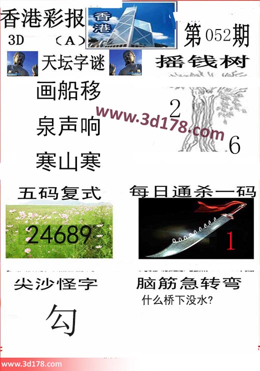 香港彩报3d第2024052期推荐摇钱树：2 6