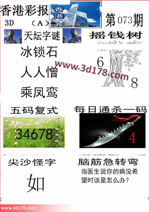 香港彩报3d第2024073期每日通杀一码：9