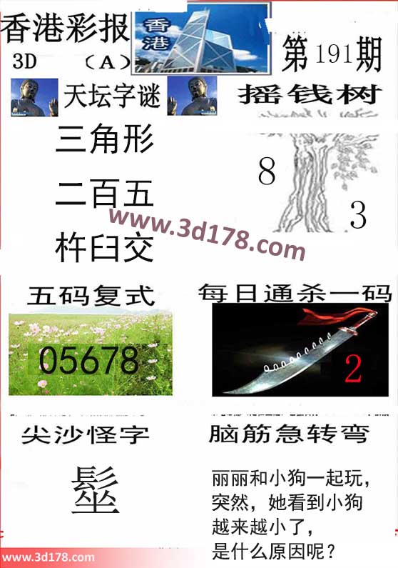 香港彩报3d第2024191期推荐五码复式：05678
